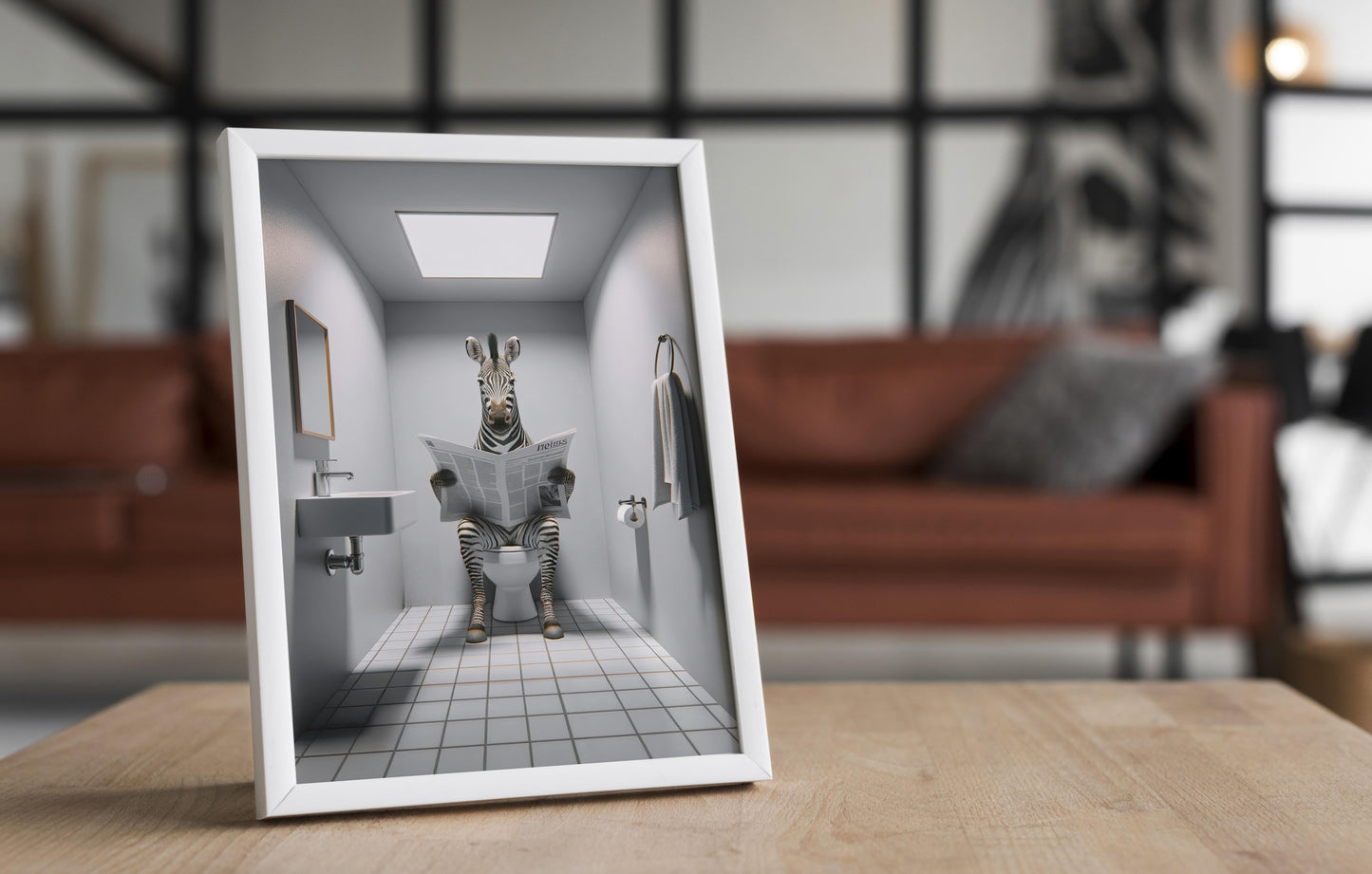 Zebra Reading Newspaper on Toilet Poster - Funny Bathroom Decor | Unique Wall Art & Gag Gift | WC Toilet Poster