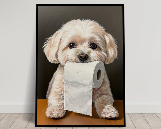 Poster Chien Bichon Frisé Humour Toilette – Décoration Murale WC, Cadeau Original, Affiche Encadrée, Idée Déco Animaux