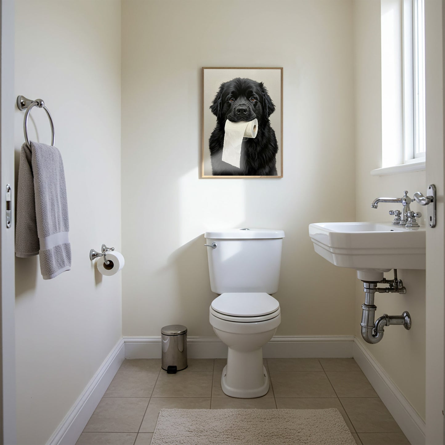 Newfoundland with toilet paper roll in mouth, Toilet Humor, Black Newfie Gifts, Bathroom Print, Dog Lover Gift, WC Wall Art, Framed Print