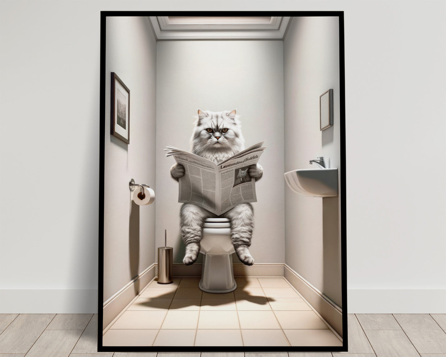 Affiche murale Chat Persan Silver Shaded lisant aux toilettes - Déco humoristique WC & Salle de bain - Cadeau original
