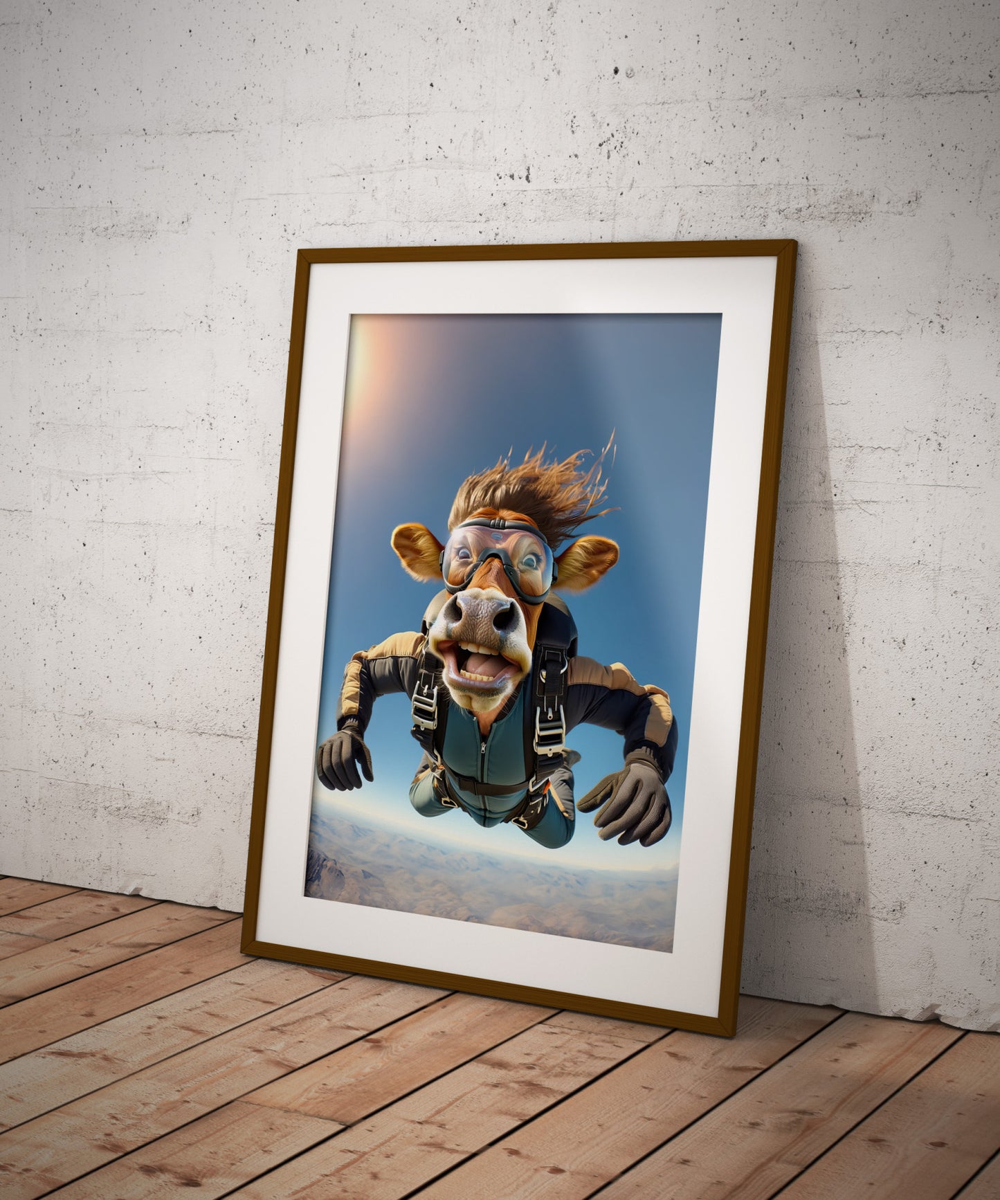 Affiche murale Vache en chute libre, Poster Skydiving Animal, Décoration Sport Extrême, Cadeau original