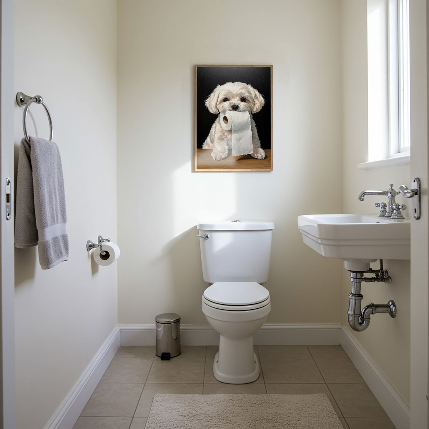 Bichon maltais mordant un rouleau de papier toilette, Humour Toilettes, Poster WC, Cadeau Bichon maltais, Affiche encadrée, Poster chien