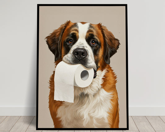 Poster chien Saint-Bernard drôle pour toilettes – Idée cadeau WC, décoration murale, affiche encadrée, art mural humoristique