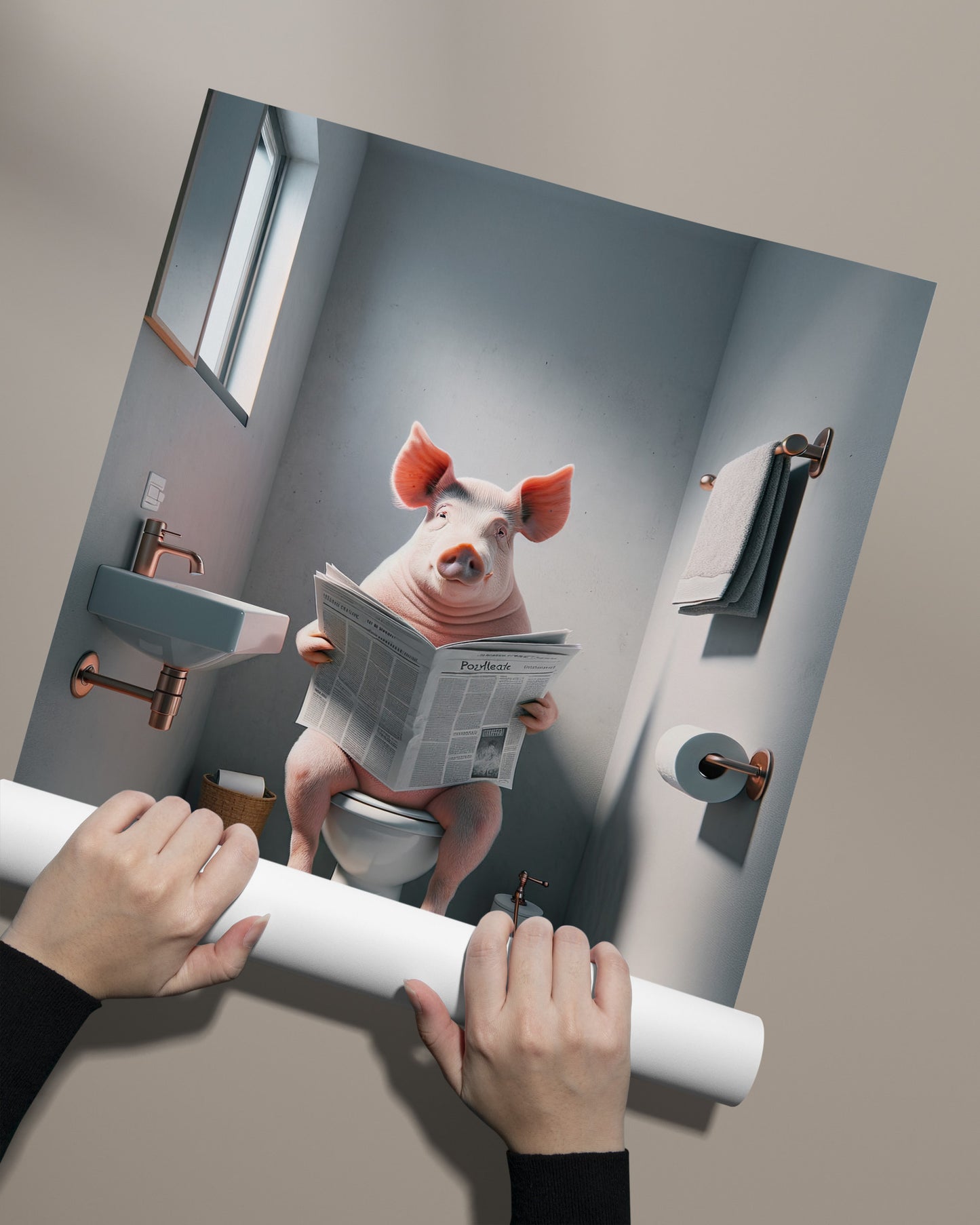 Funny Pig Reading Newspaper Poster - Quirky Bathroom Wall Art, Unique WC Decor, Humorous Gag Gift for Toilet Room