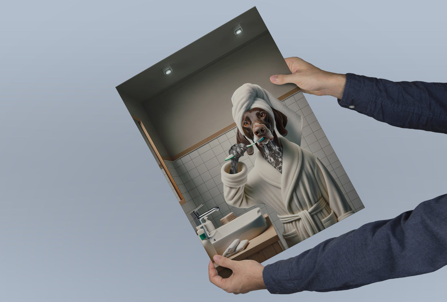 Portrait of a German Shorthaired Pointer Brushing Teeth in Bathrobe – Funny Dog Bathroom Decor, Cute Poster, Gag Gift, Framed art