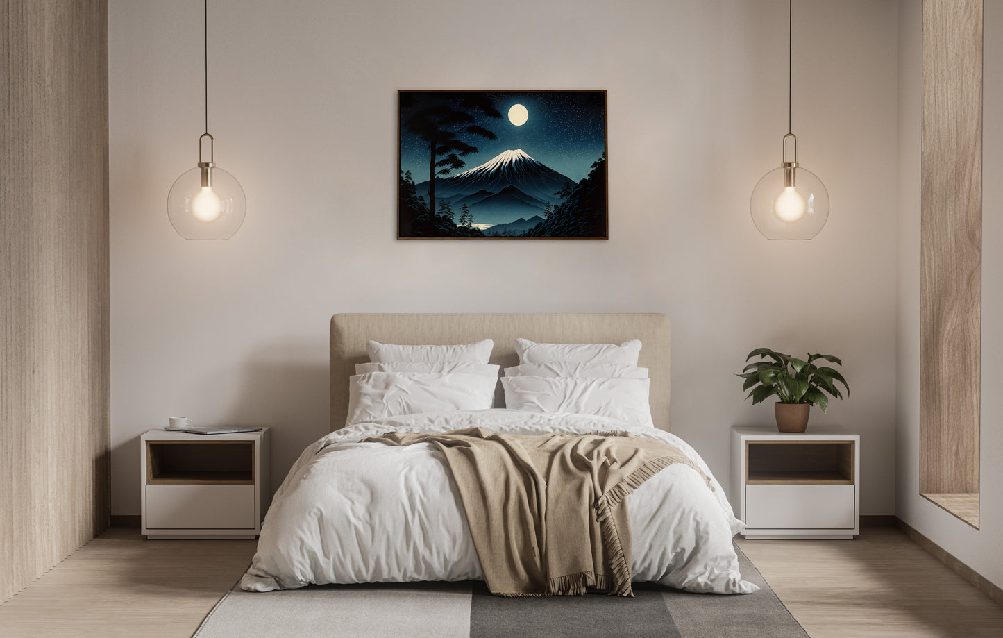 Mount Fuji Poster Under Full Moon - Japanese Art Style Illustration, Fujisan Landscape Wall Decor, Frameable Artwork