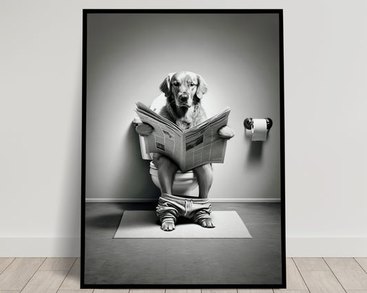 Golden Retriever Reading on Toilet - Fun Bathroom Decor Wall Art, Black and White WC Toilet Poster Gift