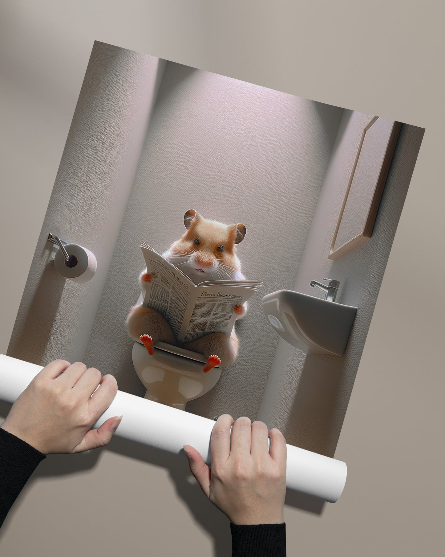 Hamster Reading Newspaper Poster - Funny Bathroom Wall Art, Unique WC Decor, Gag Gift for Toilet Room