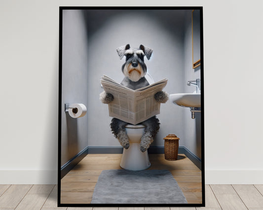 Poster Humoristique: Schnauzer Lisant le Journal sur les Toilettes, Décoration WC, Déco Salle de Bain, Cadeau Amusant