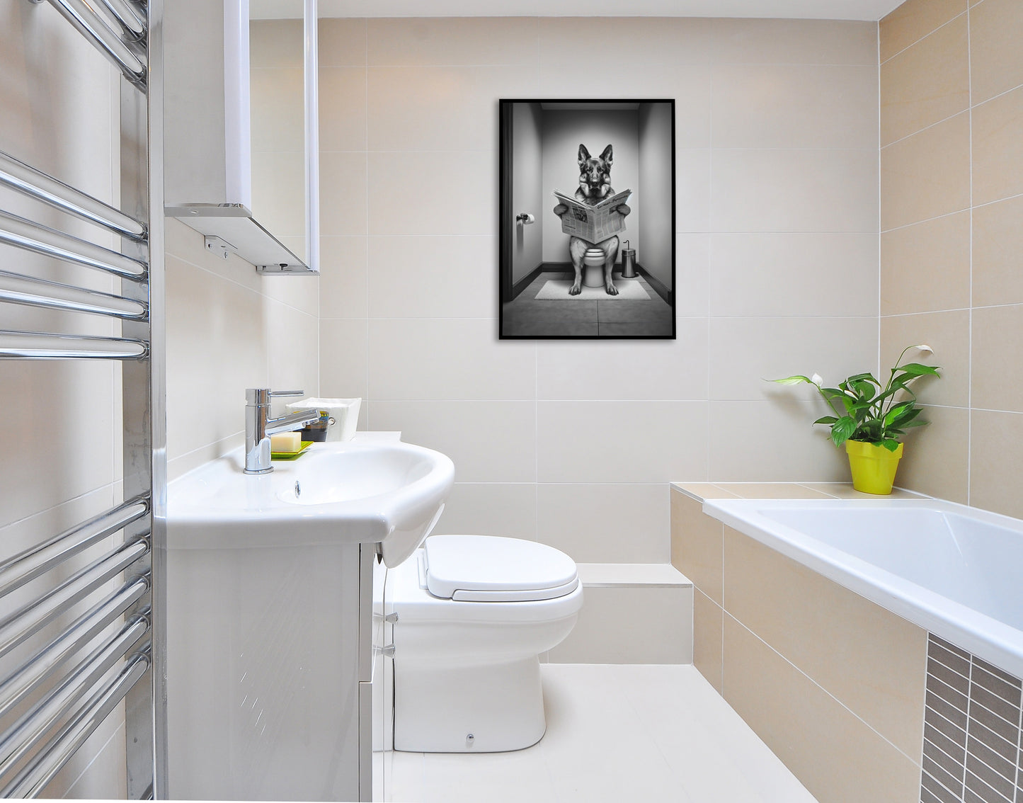 "German Shepherd Reading on Toilet Poster - Black & White Bathroom Wall Art - Fun WC Decor - Unique Gift"