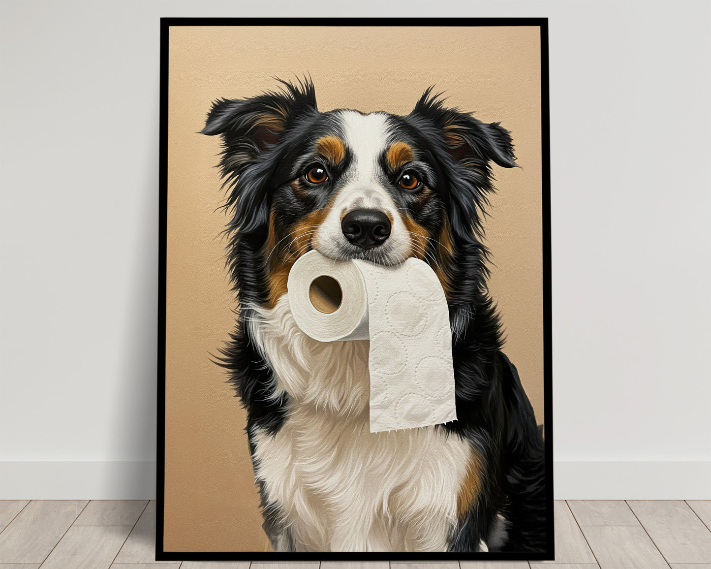 Border Collie with toilet paper roll in mouth, Toilet Humor, Border Gifts, Bathroom Print, Dog Lover Gift, WC Wall Art, Framed Print