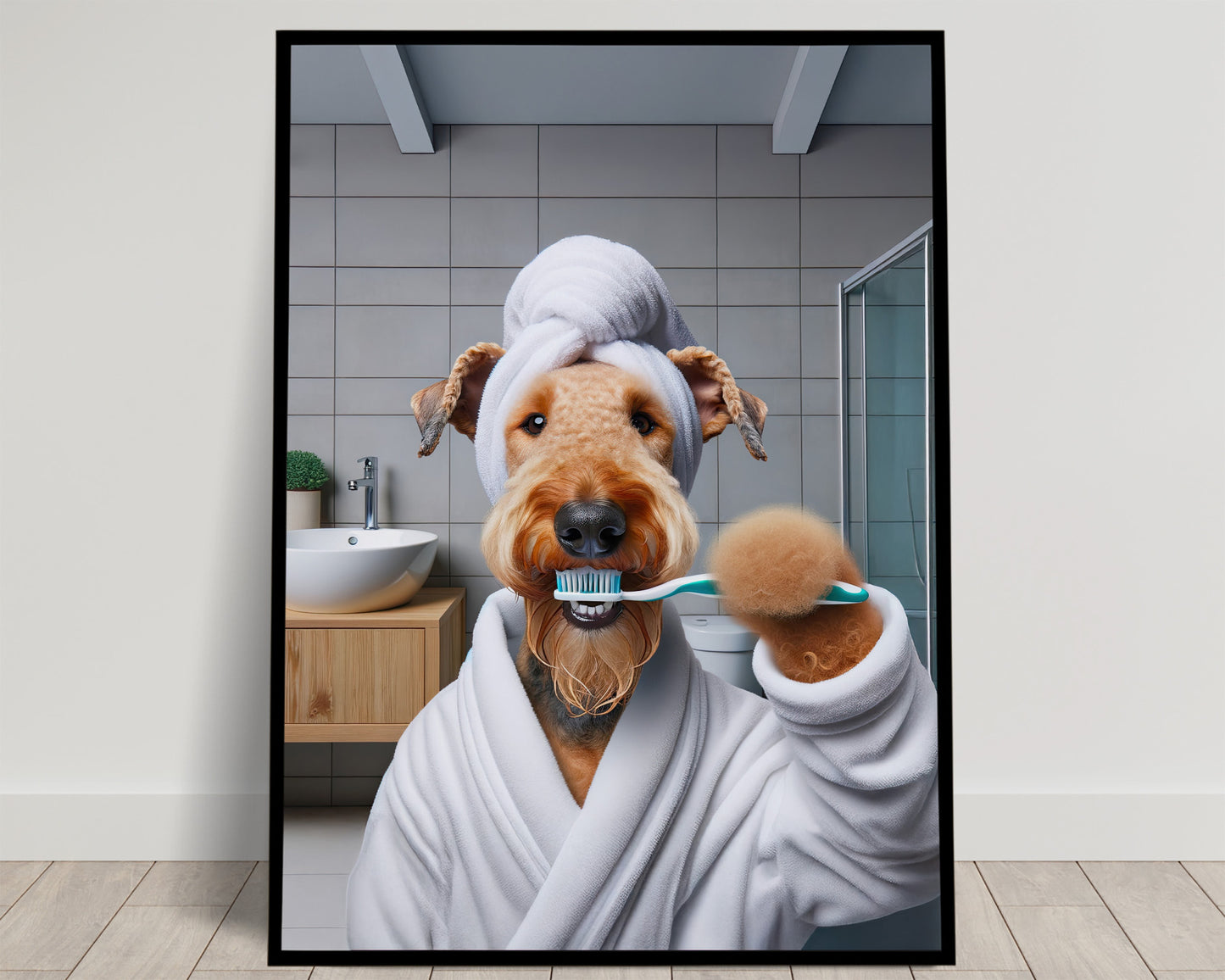 Portrait of a Airedale Brushing Teeth in Bathrobe – Funny Dog Bathroom Decor, Cute Poster, Airedale Print, Beagle Gift, Framed art