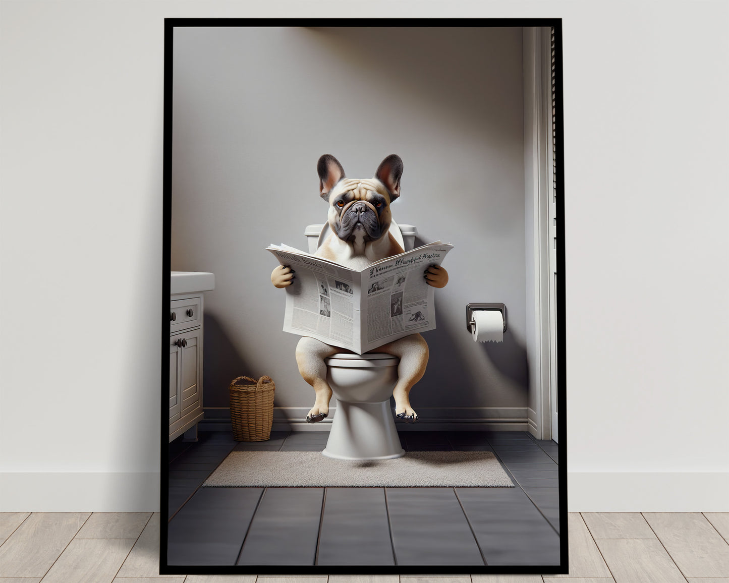 Funny French Bulldog Reading Newspaper Poster – Bathroom Wall Art Decor, Gag Gift for WC/Toilet