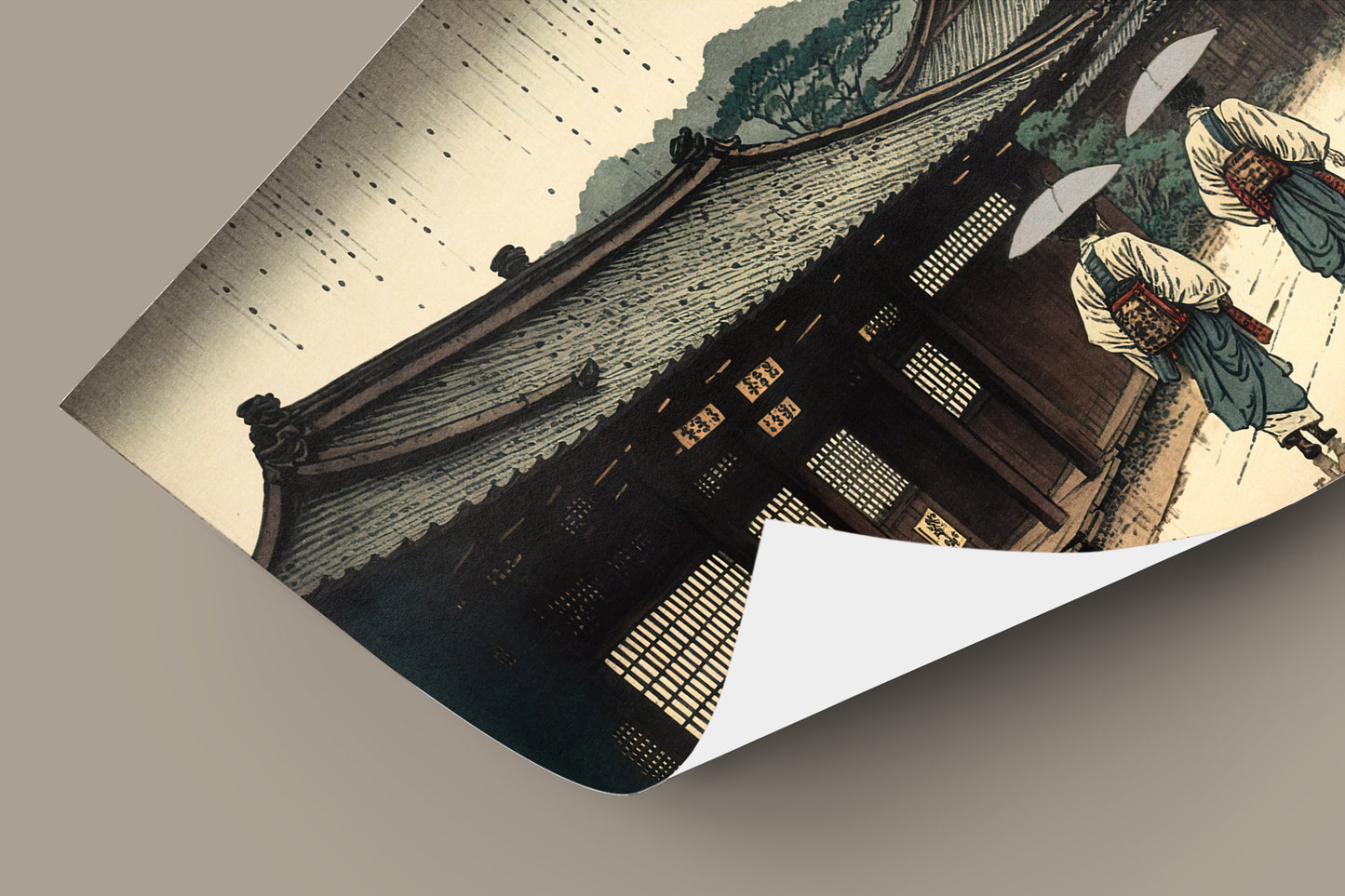 Japanese Village Wall Poster in the Rain – Japanese Art Style Illustration, Rainy Japan Poster for Framing, Home Decor