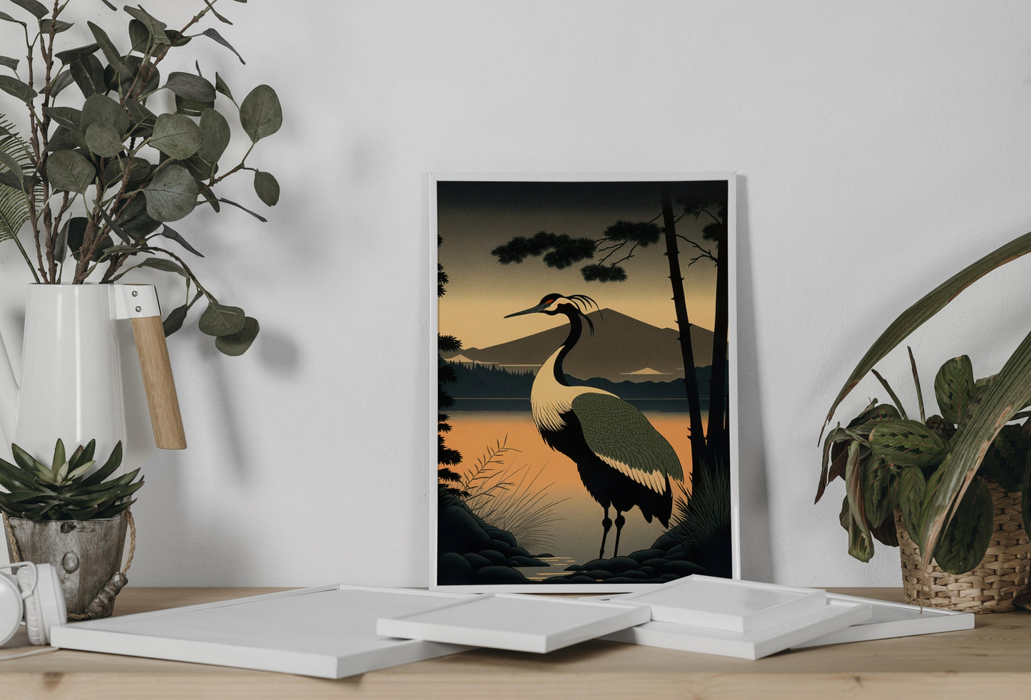 Japanese Crane at Sunrise Poster - Asian Art, Wall Decoration, Japanese Style Print, Elegant Home Decor