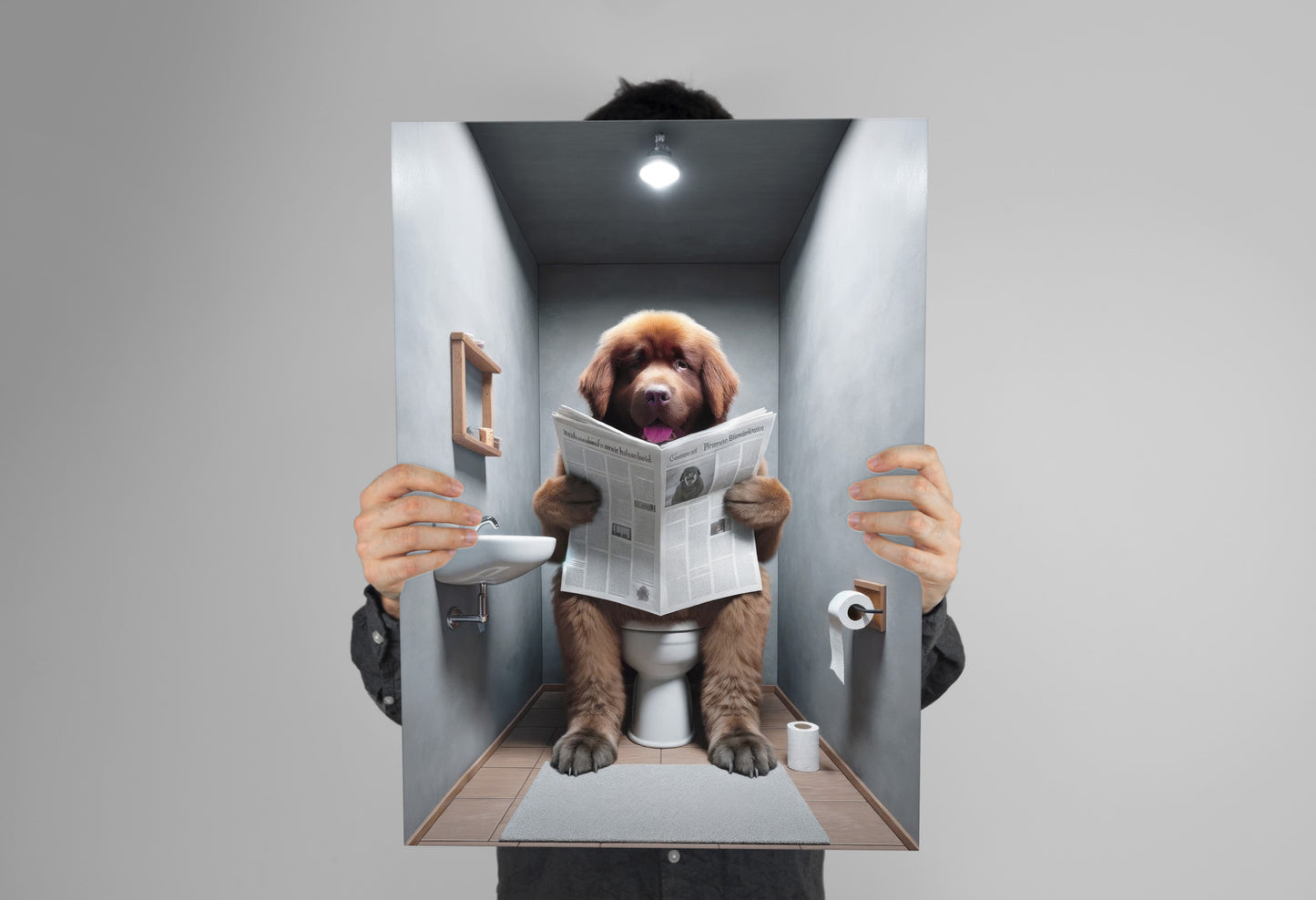 Funny Brown Newfoundland Dog Reading Newspaper Toilet Poster - Humorous Bathroom Wall Art Gag Gift for WC Decor