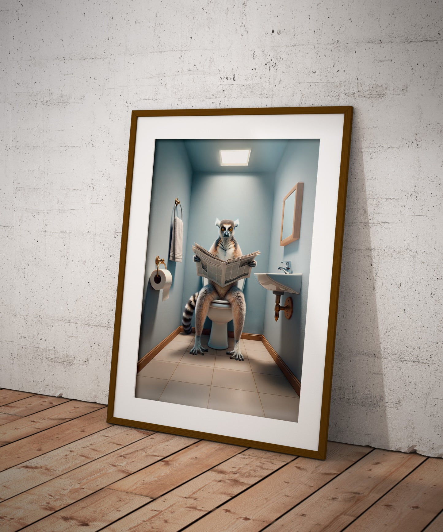 Poster Humour Lémurien sur Toilettes - Décoration Salle de Bain, Cadeau Amusant, Art Mural WC, Idée Déco Originale