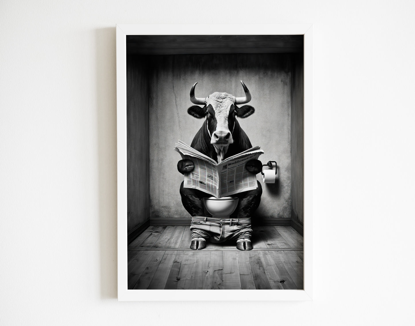 Poster Humoristique Taureau Lisant le Journal, Déco Toilette et Salle de Bain, Idée Cadeau Fun et Original, Affiche Murale