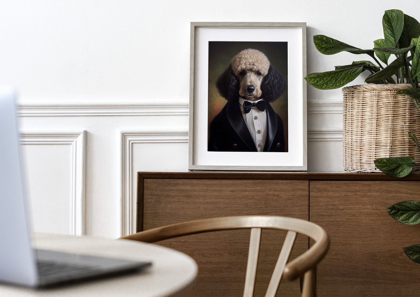 Chic Poodle in Tuxedo Poster – Elegant Dog Wall Art | Humorous Pet Portrait Print for Home Decor