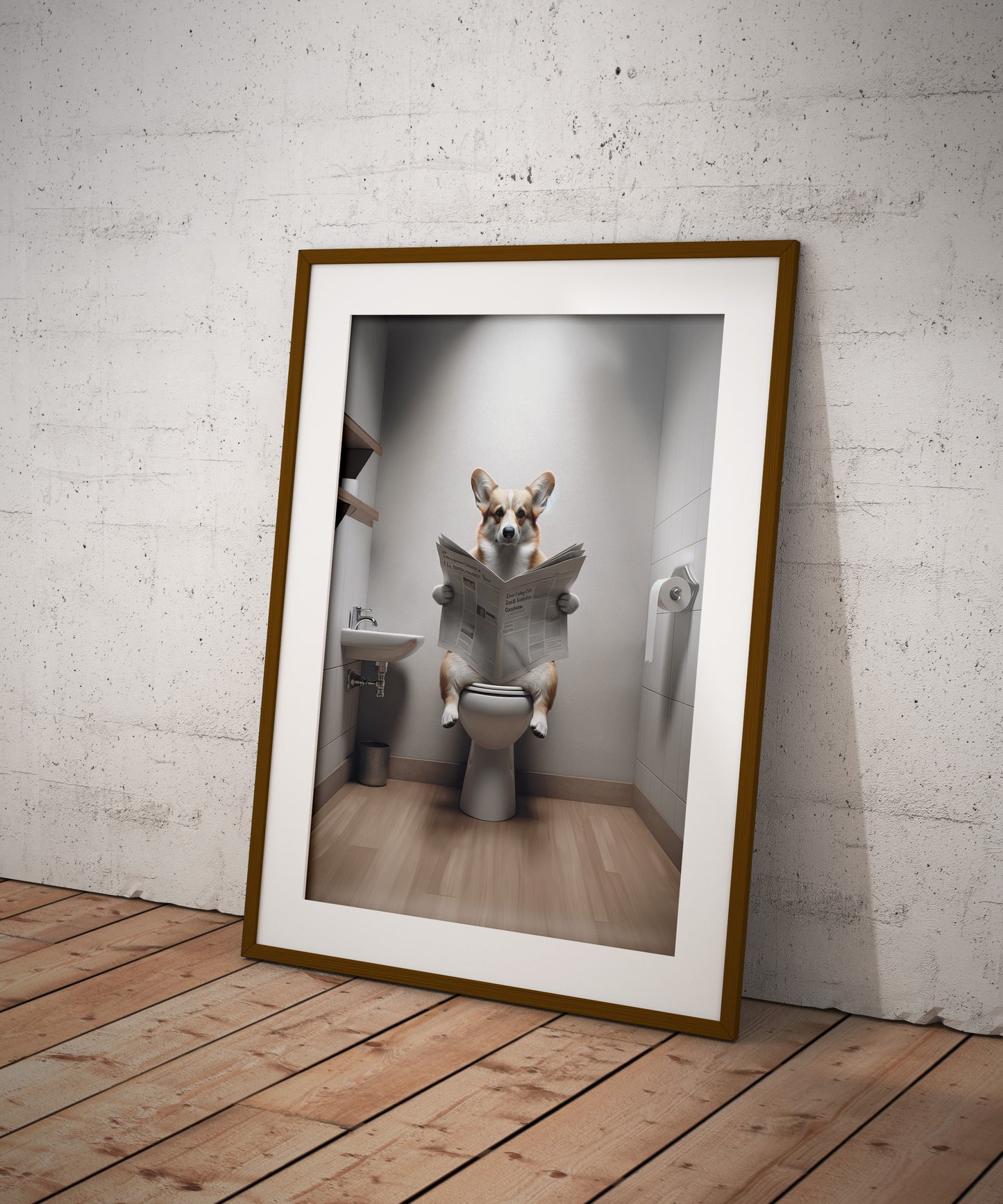 Funny Corgi Reading Newspaper Poster - Unique Bathroom Wall Art Decor - Humorous WC Toilet Gift
