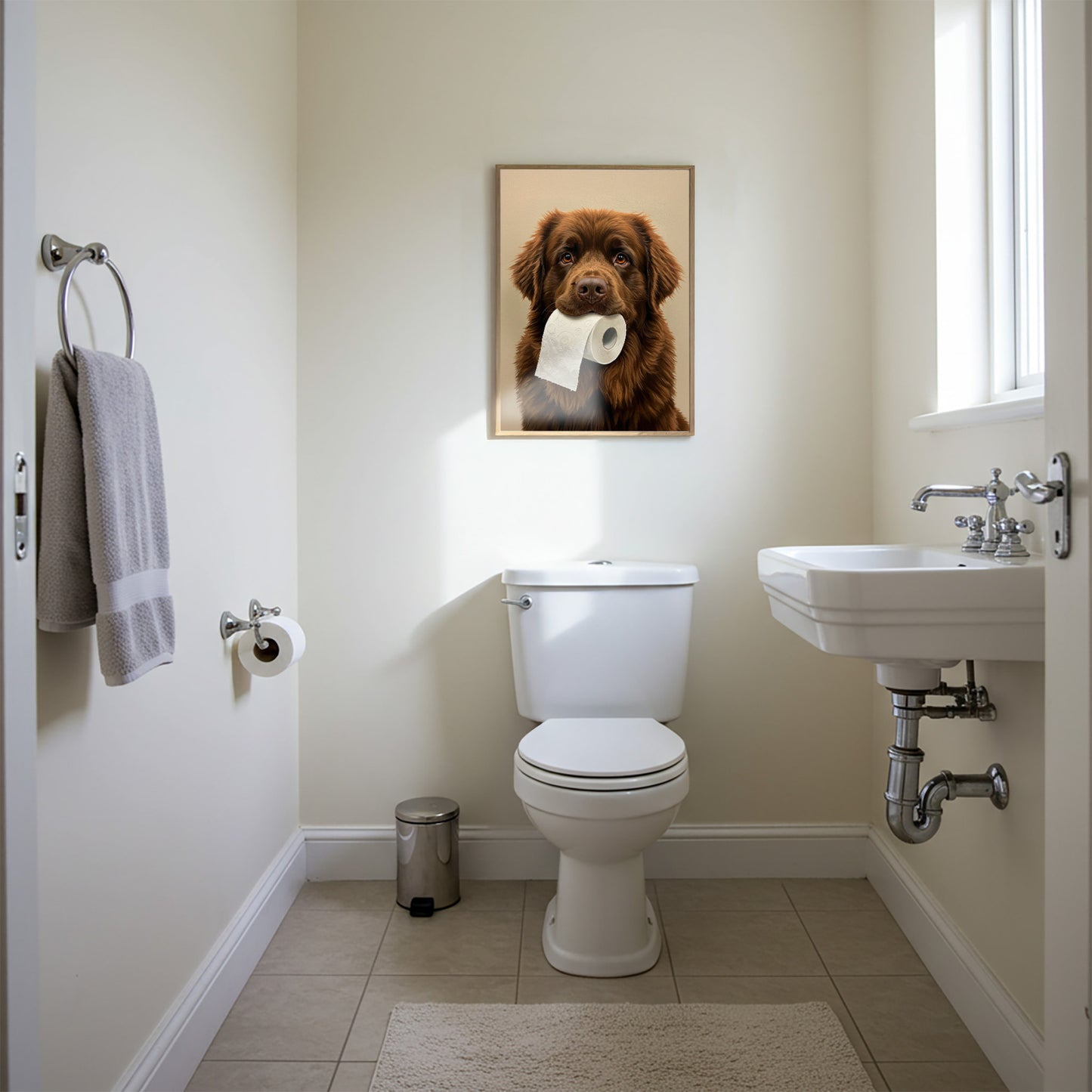 Terre-neuve mordant un rouleau de papier toilette, Humour Toilettes, Poster WC, Cadeau Terre-neuve, Affiche encadrée, Poster chien