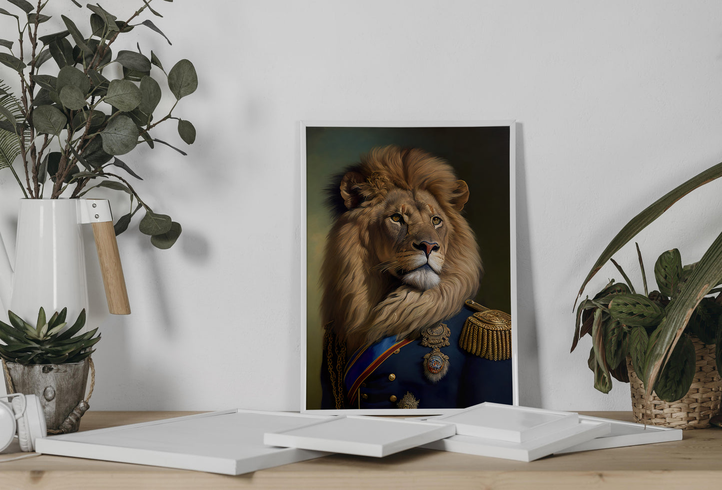 Heroic Lion Poster in Military Uniform, Animal Wall Art, Feline Wall Decoration, Portrait Print