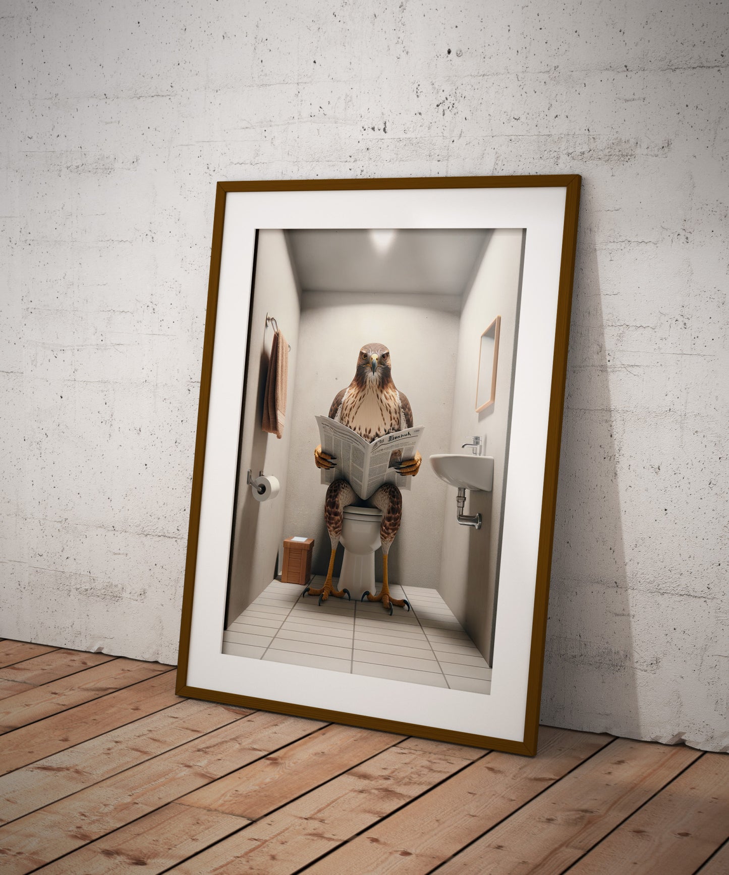 Funny Hawk Reading Newspaper Poster – Unique Bathroom Decor Wall Art, Perfect Gag Gift for Toilet or WC