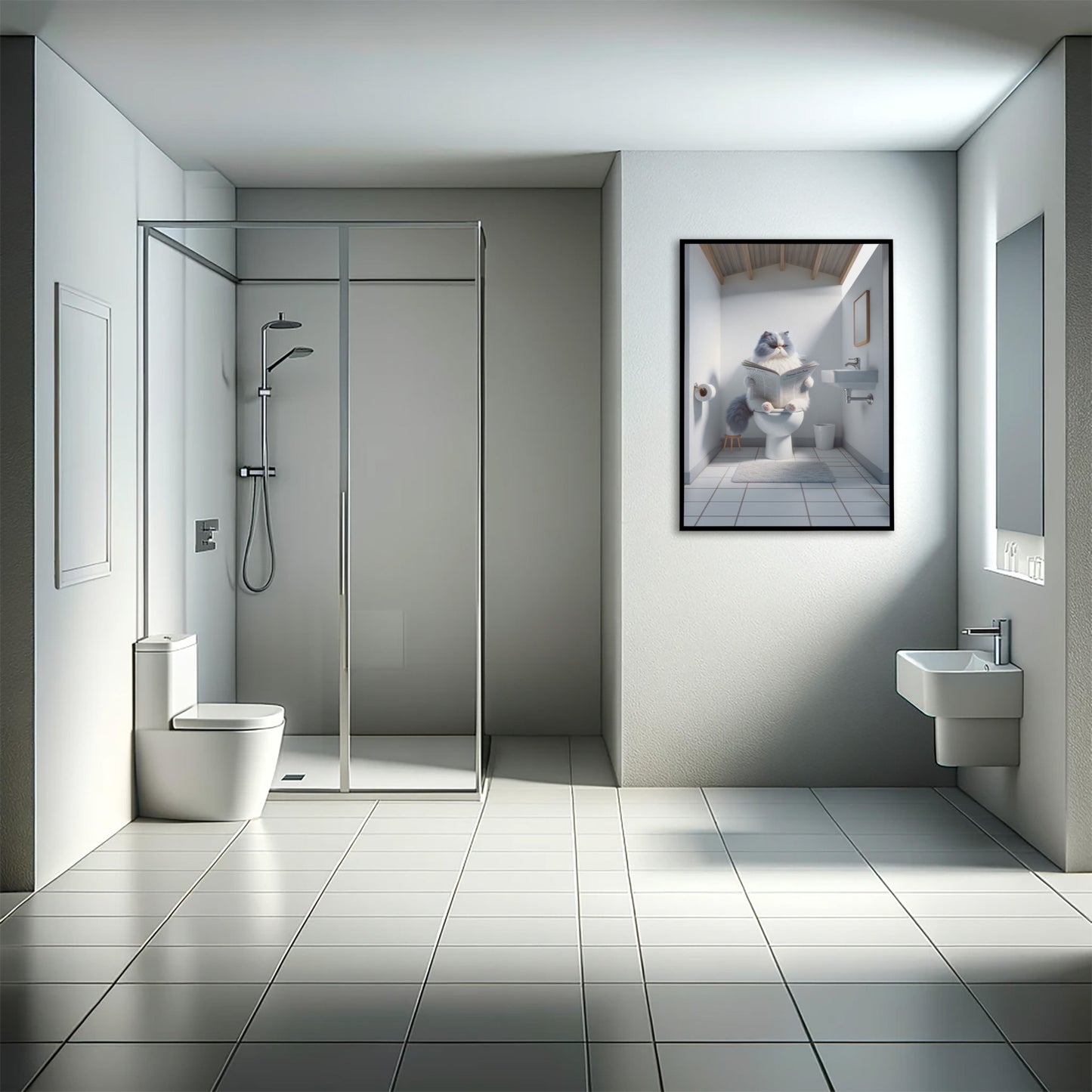 Affiche murale Chat Persan Bleu et Blanc, Lecture Humour Toilettes, Décor WC & Salle de bain, Cadeau Original.