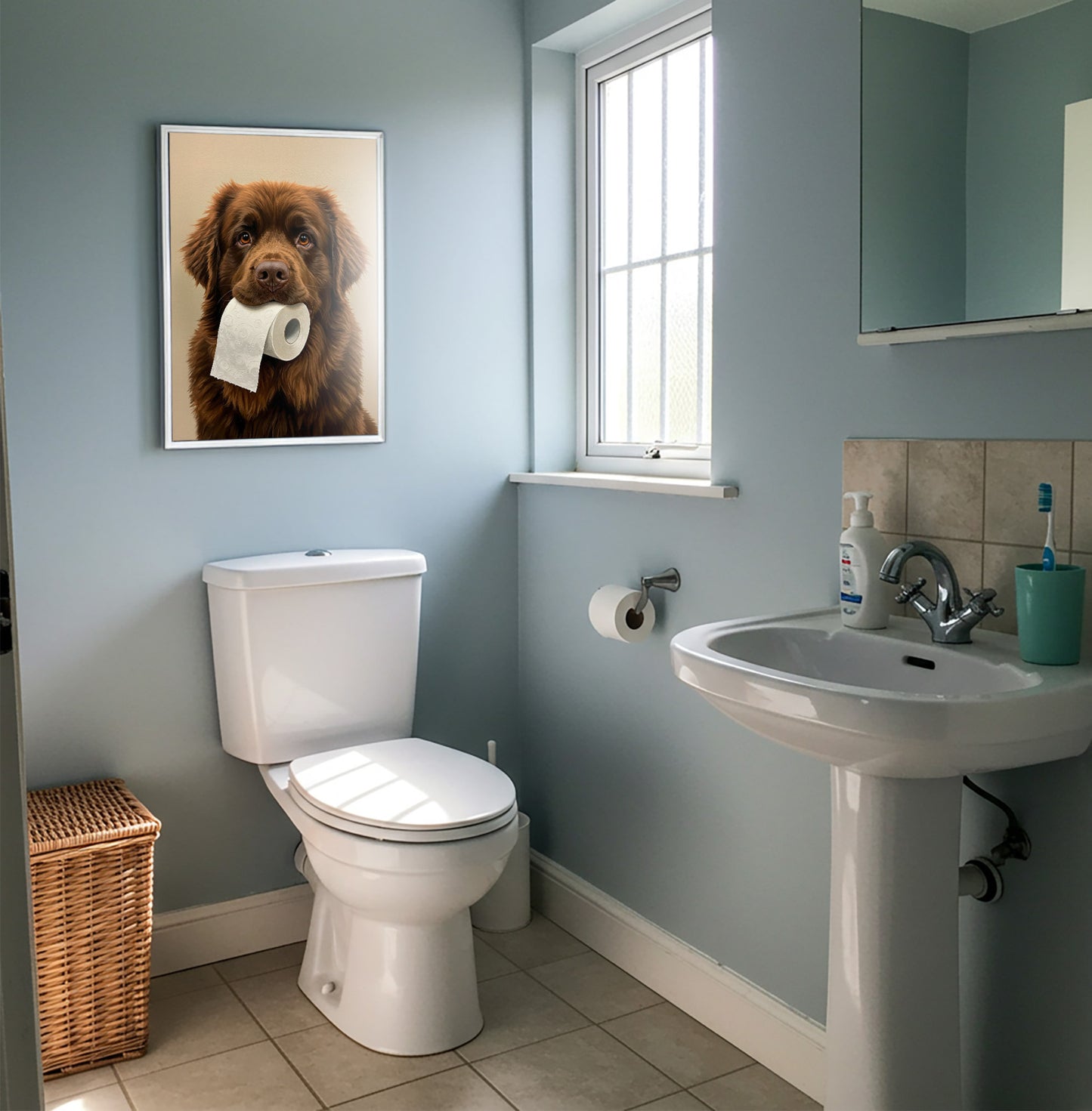 Terre-neuve mordant un rouleau de papier toilette, Humour Toilettes, Poster WC, Cadeau Terre-neuve, Affiche encadrée, Poster chien