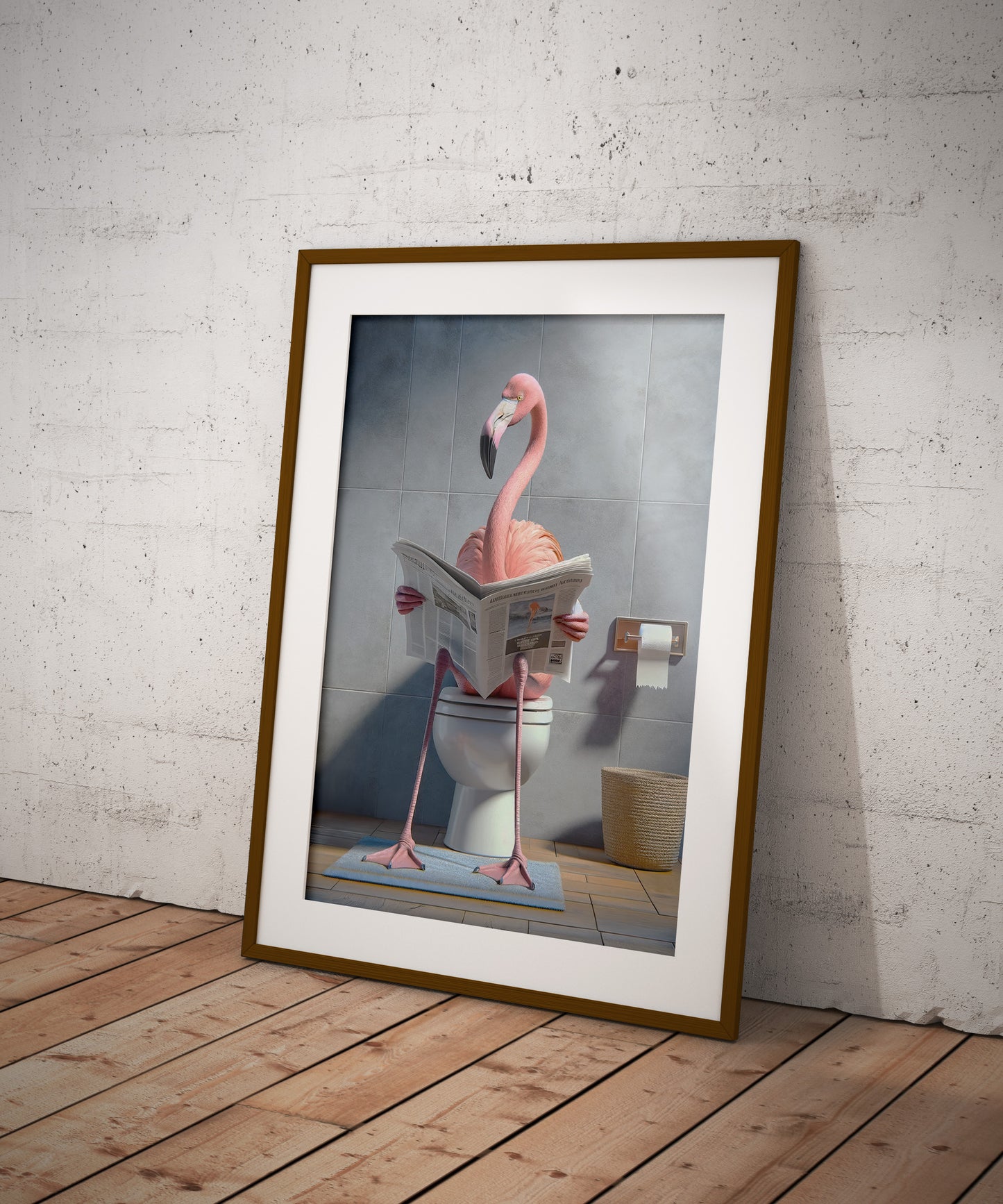 Flamingo Reading Newspaper Poster – Funny Bathroom Decor | Unique WC Wall Art | Gag Gift