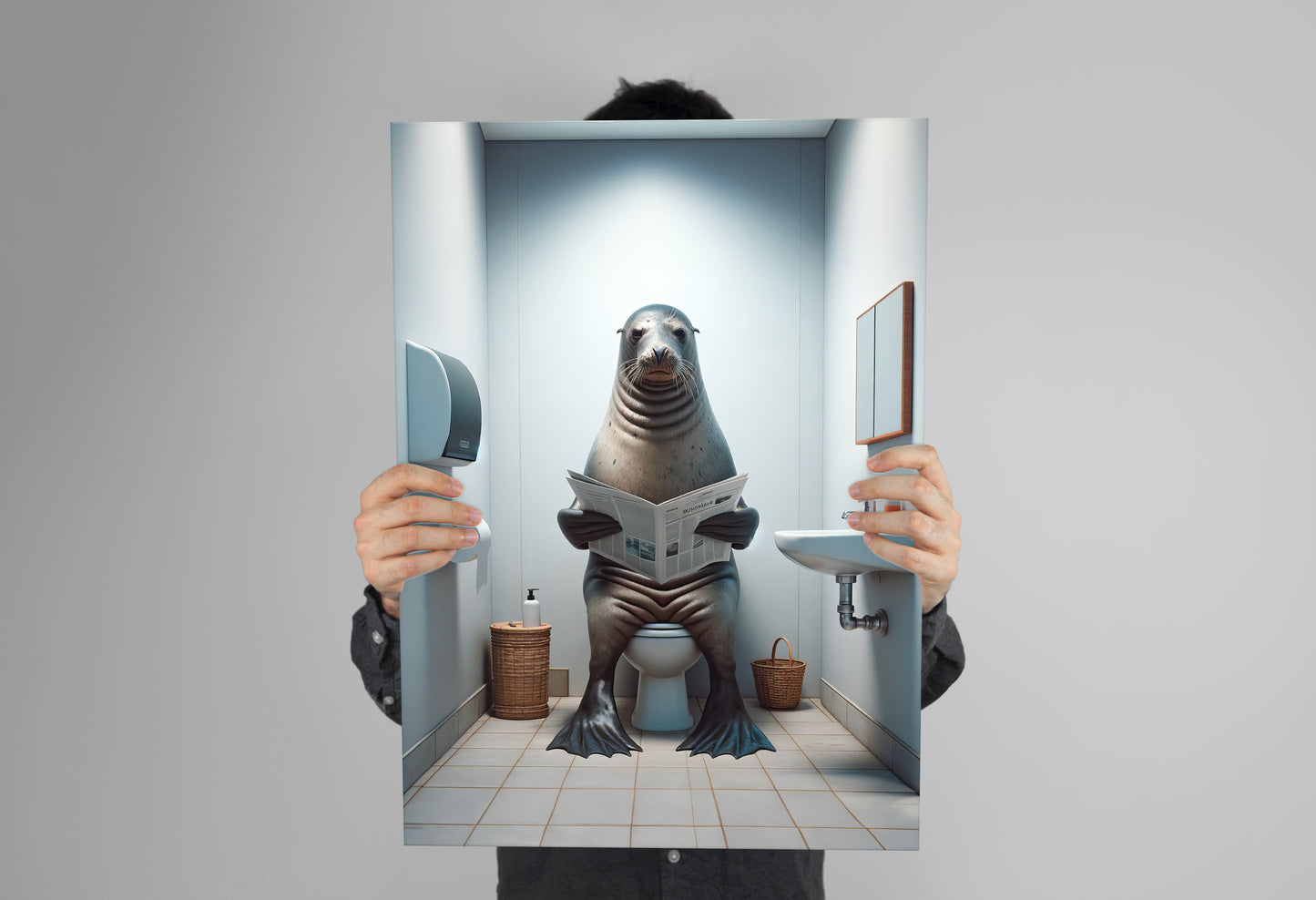 Funny Bathroom Wall Art Poster - Seal Reading Newspaper on Toilet | Unique WC Decor | Humorous Gift Idea