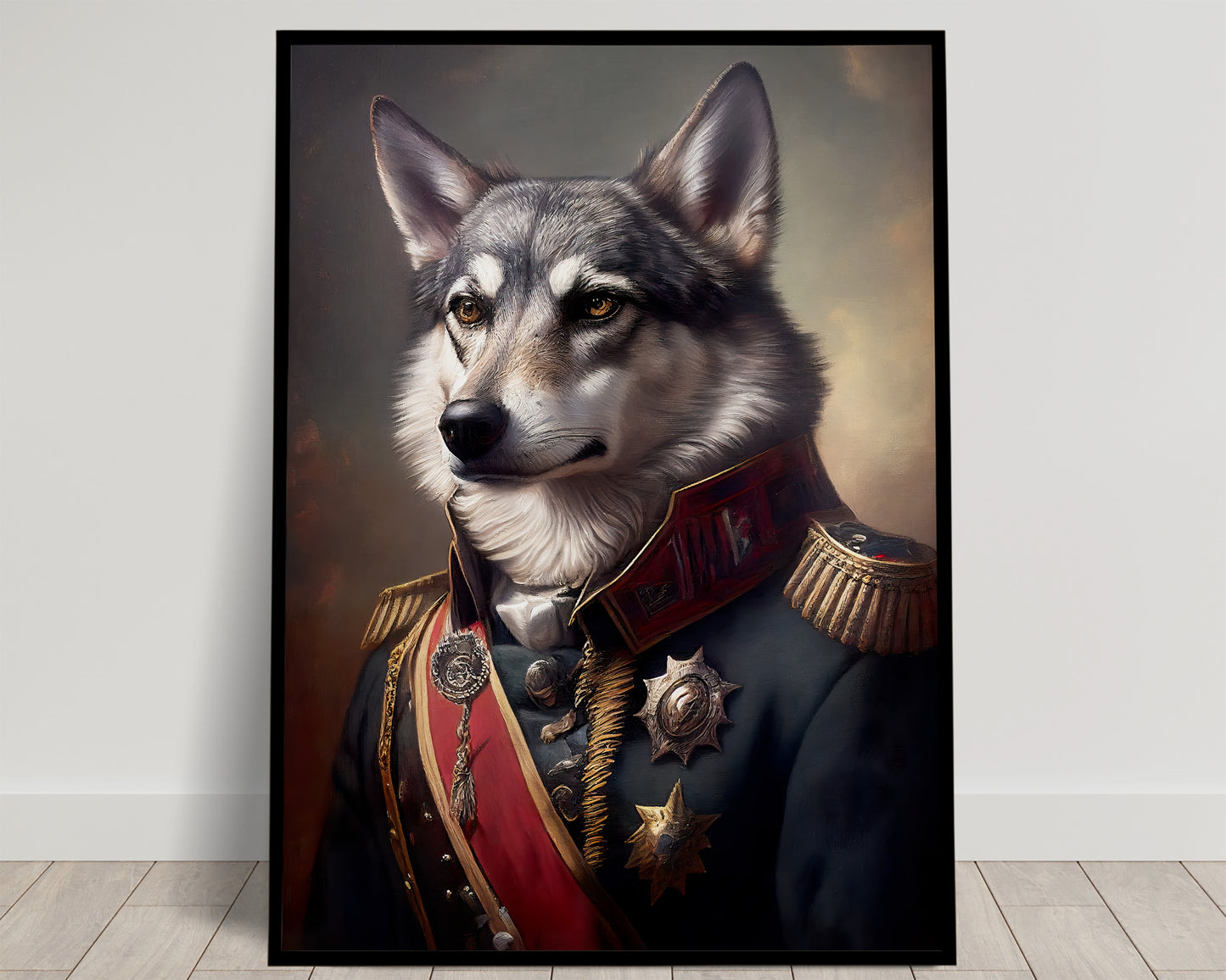Gray Wolf in Military Uniform Poster – Unique Animal Wall Art, Premium Wolf Wall Decoration