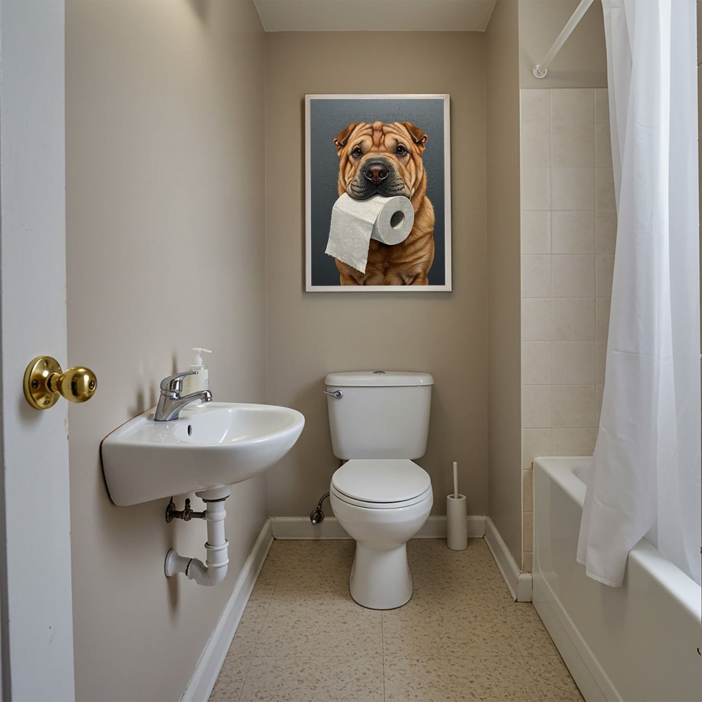 Shar Pei with toilet paper roll in mouth, Toilet Humor, Shar Pei Gifts, Bathroom Print, Dog Lover Gift, WC Wall Art, Framed Print
