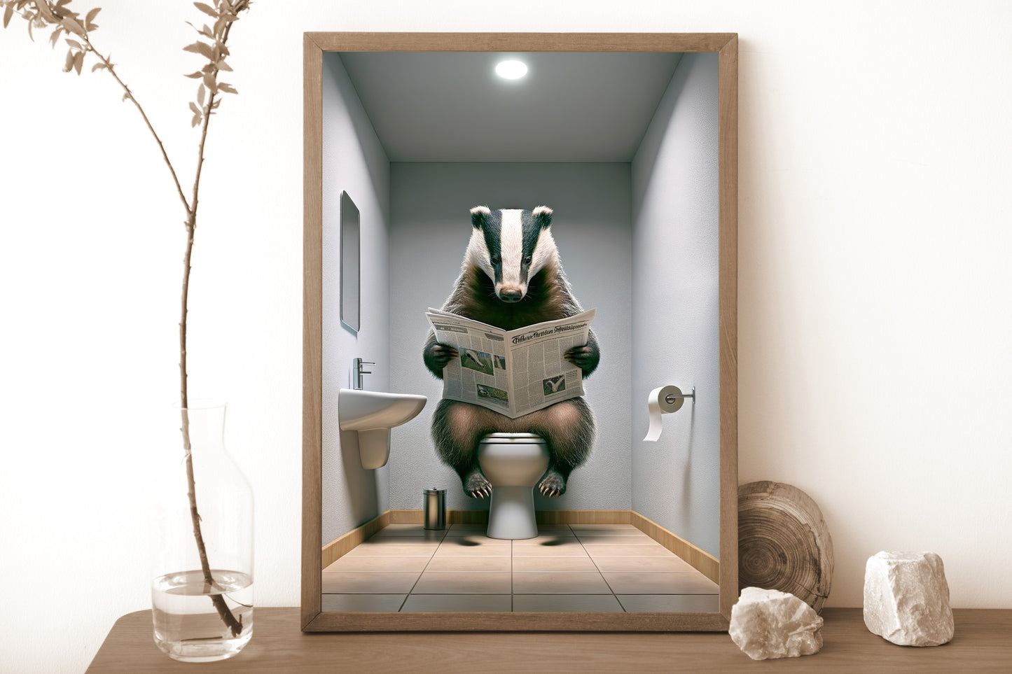 Funny Bathroom Decor Poster - Badger Reading Newspaper on Toilet | WC Wall Art | Unique Gag Gift for Bathroom Spaces