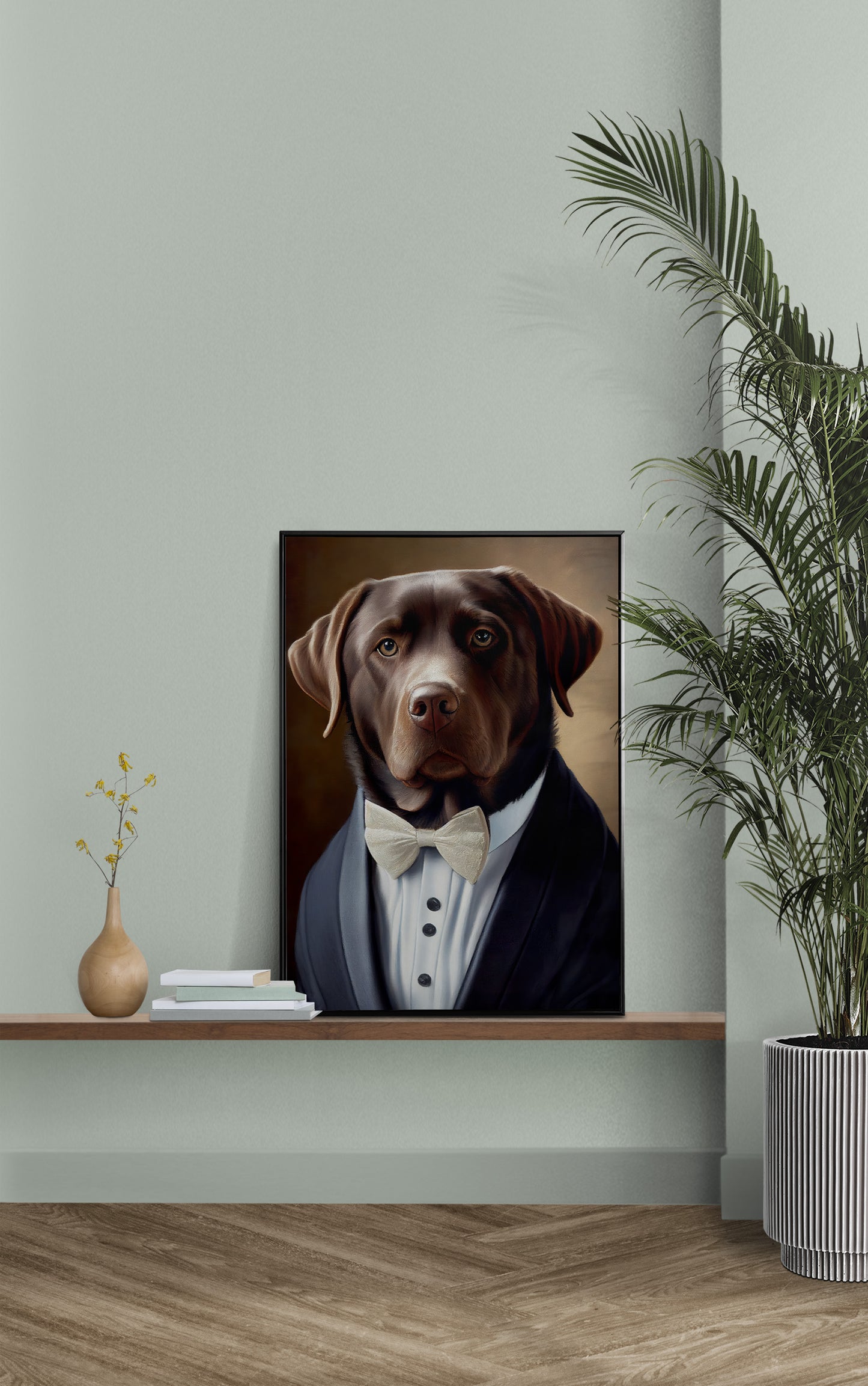 "Chocolate Labrador Tuxedo Poster: Elegant Animal Wall Art, Charming Pet Portrait Decoration for Home"