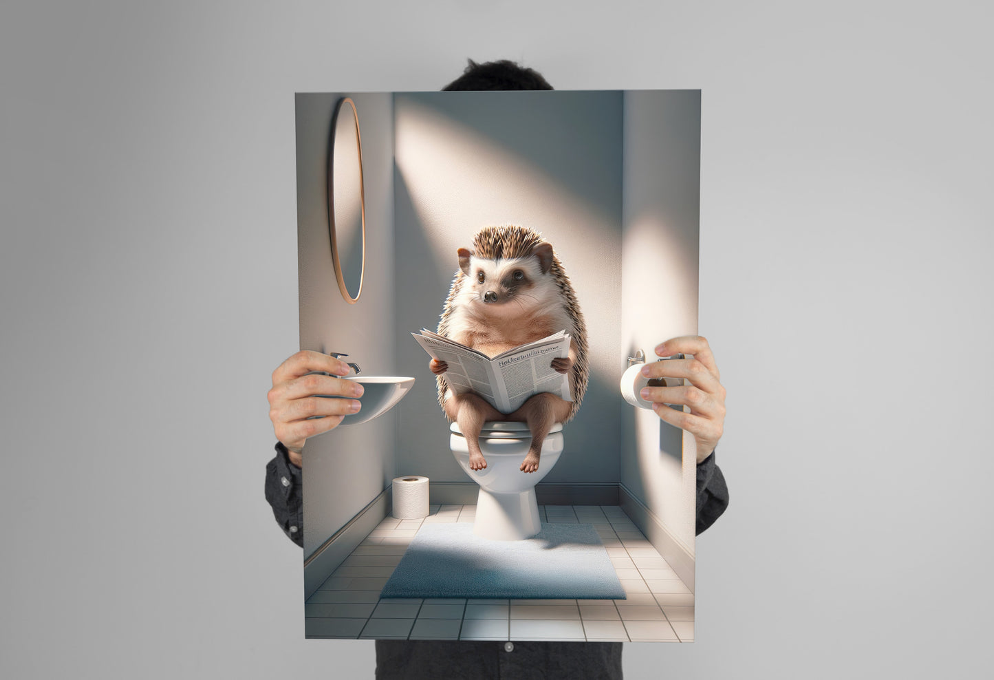 Hedgehog Reading Newspaper Toilet Poster - Funny Bathroom Decor, Unique Wall Art, WC Gag Gift 