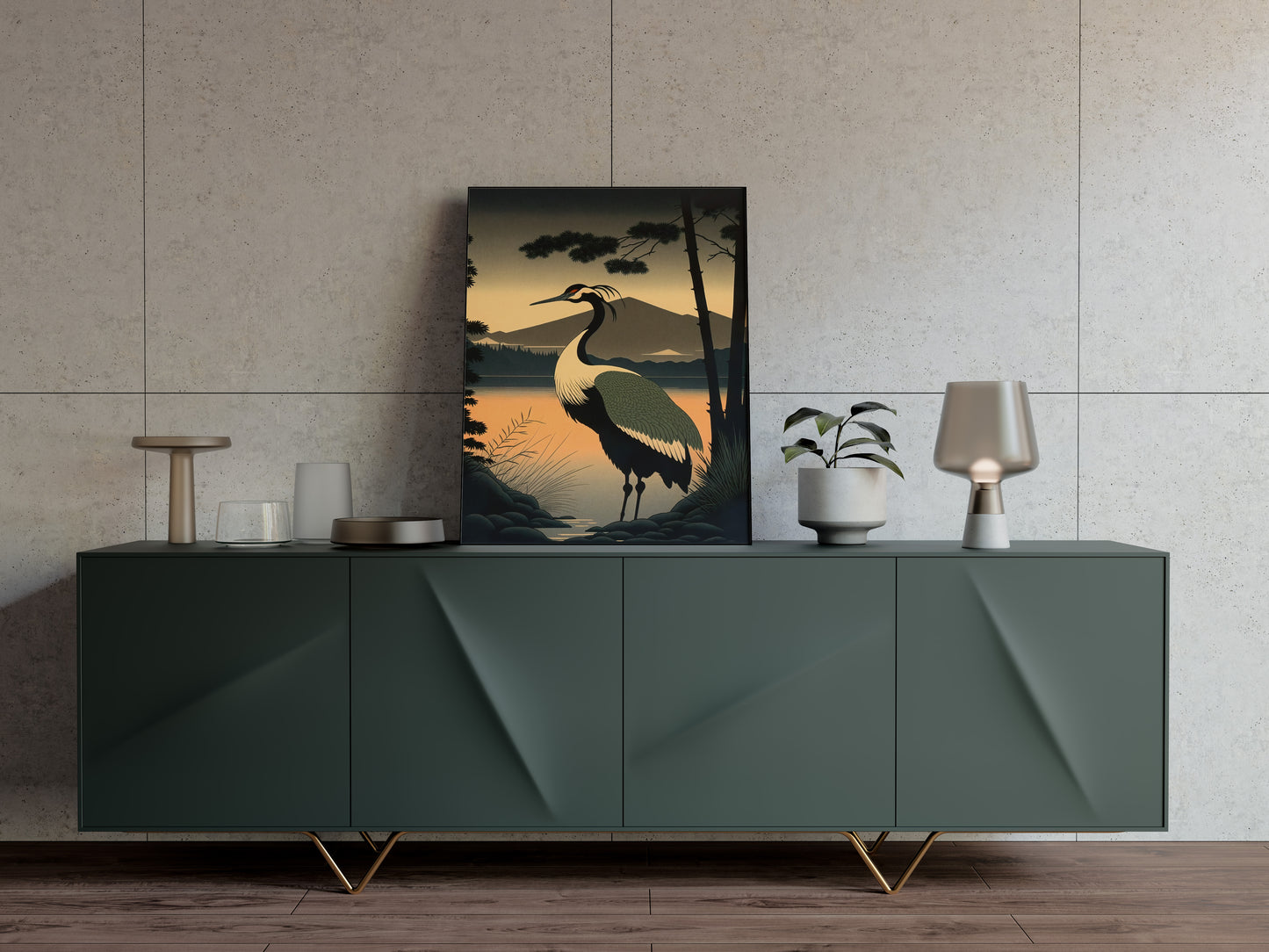 Japanese Crane at Sunrise Poster - Asian Art, Wall Decoration, Japanese Style Print, Elegant Home Decor