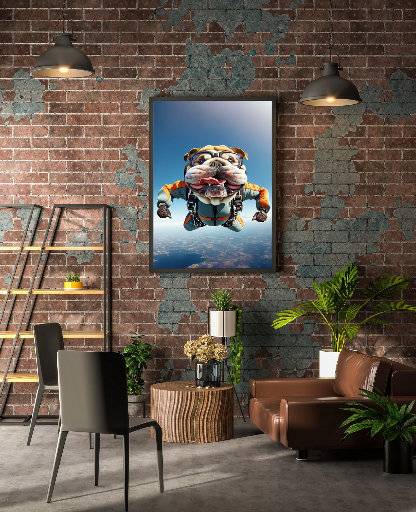 Affiche murale Bulldog Anglais en chute libre, Poster Saut en Parachute, Décor Animal Skydiving, Idée cadeau unique