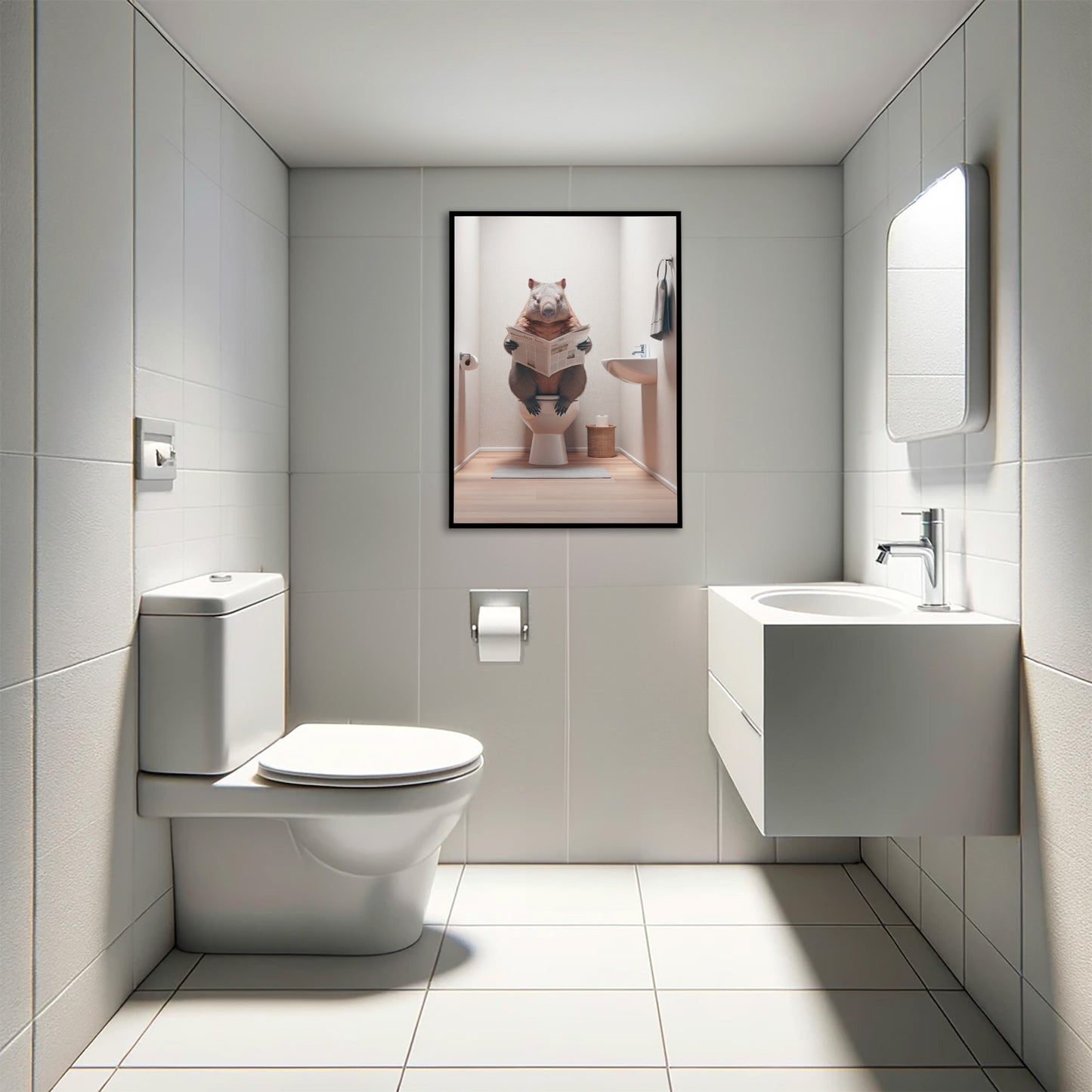 Wombat Reading Newspaper Toilet Poster - Unique Funny Bathroom Wall Art & Gag Gift Decor for WC
