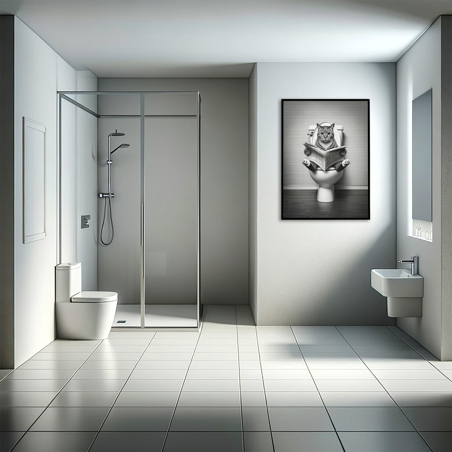Cat Reading on Toilet Poster - Black & White Bathroom Wall Art | Fun WC Decor | Funny Gift for Cat Lovers