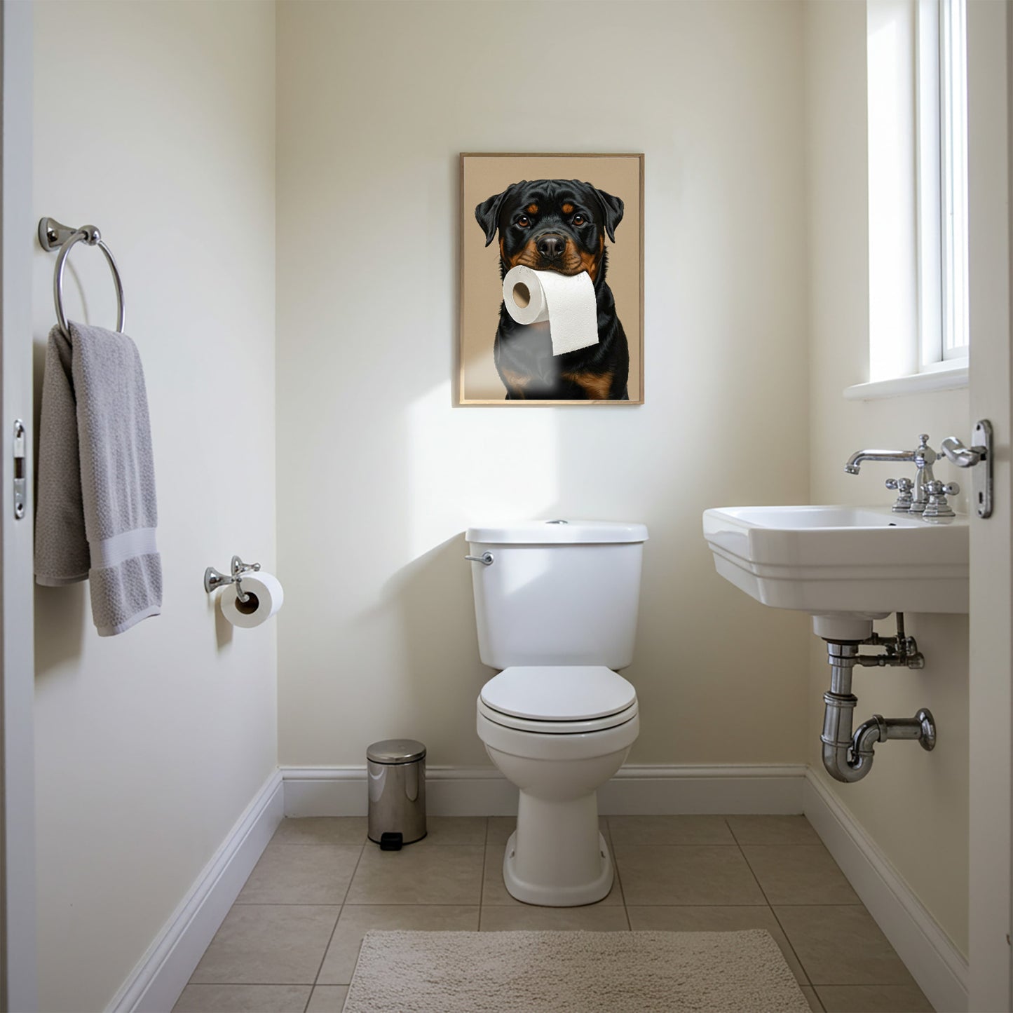 Rottweiler mordant un rouleau de papier toilette, Humour Toilettes, Poster WC, Cadeau Rottweiler, Affiche encadrée, Poster chien