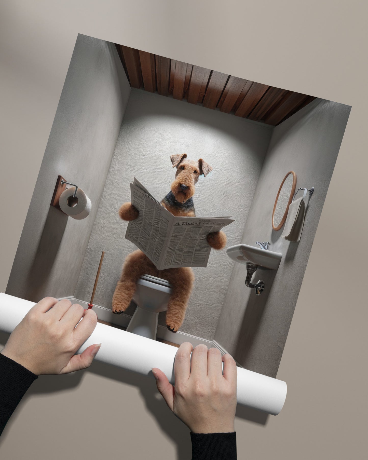 Airedale Terrier Reading Newspaper Poster - Fun Bathroom Decor, Unique WC Wall Art, Perfect Gift Idea