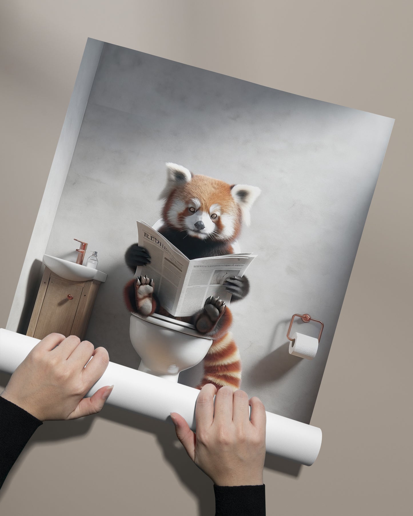 Poster Panda roux lisant le journal, Décoration Toilettes Humour, Cadre déco fun, Cadeau original Salle de bain