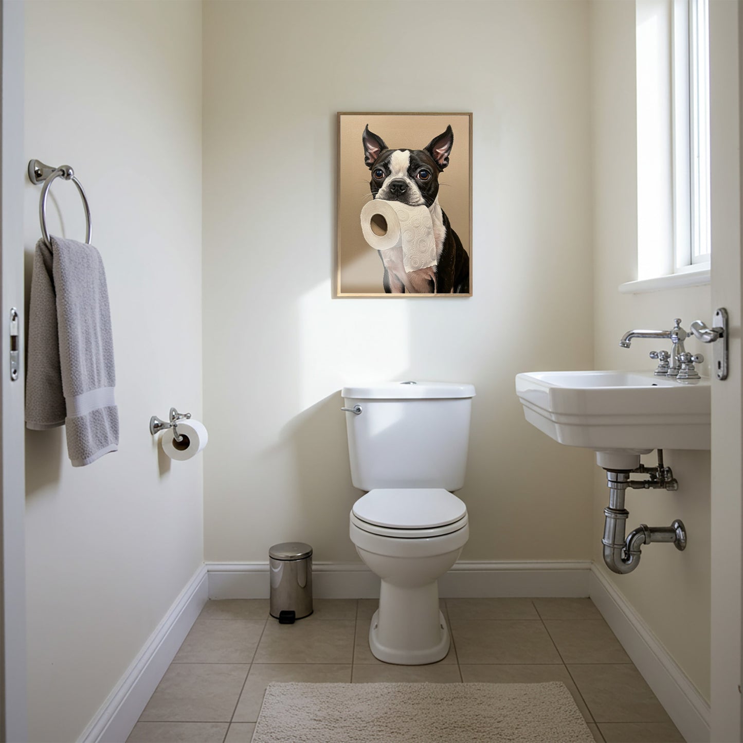 Boston Terrier with toilet paper roll in mouth, Toilet Humor, Boston Gifts, Bathroom Print, Dog Lover Gift, WC Wall Art, Framed Print