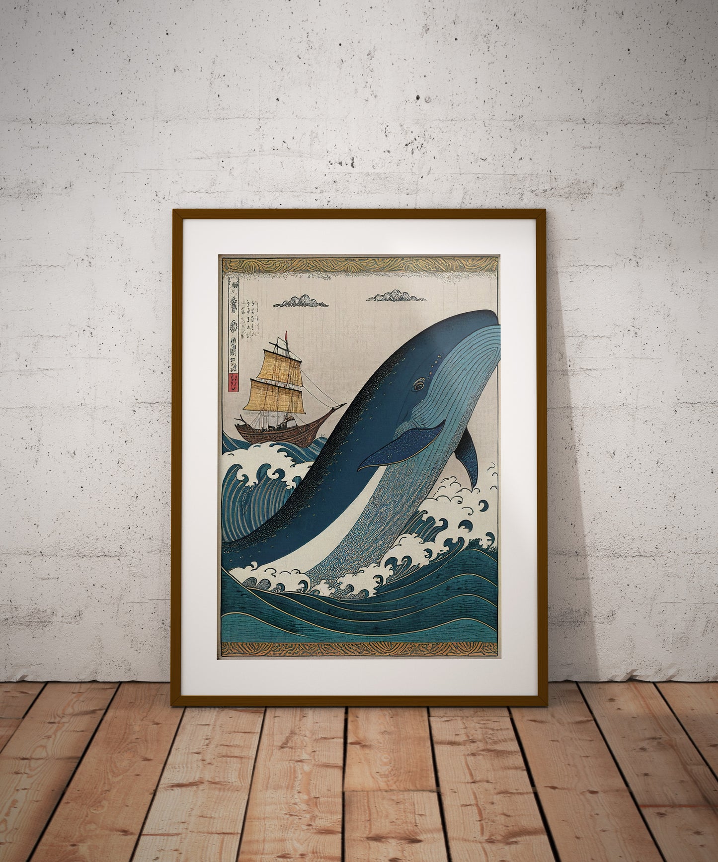 Japanese Ukiyo-e Style Whale and Boat Poster, Artistic Wall Art, Japan-Inspired Decoration Print
