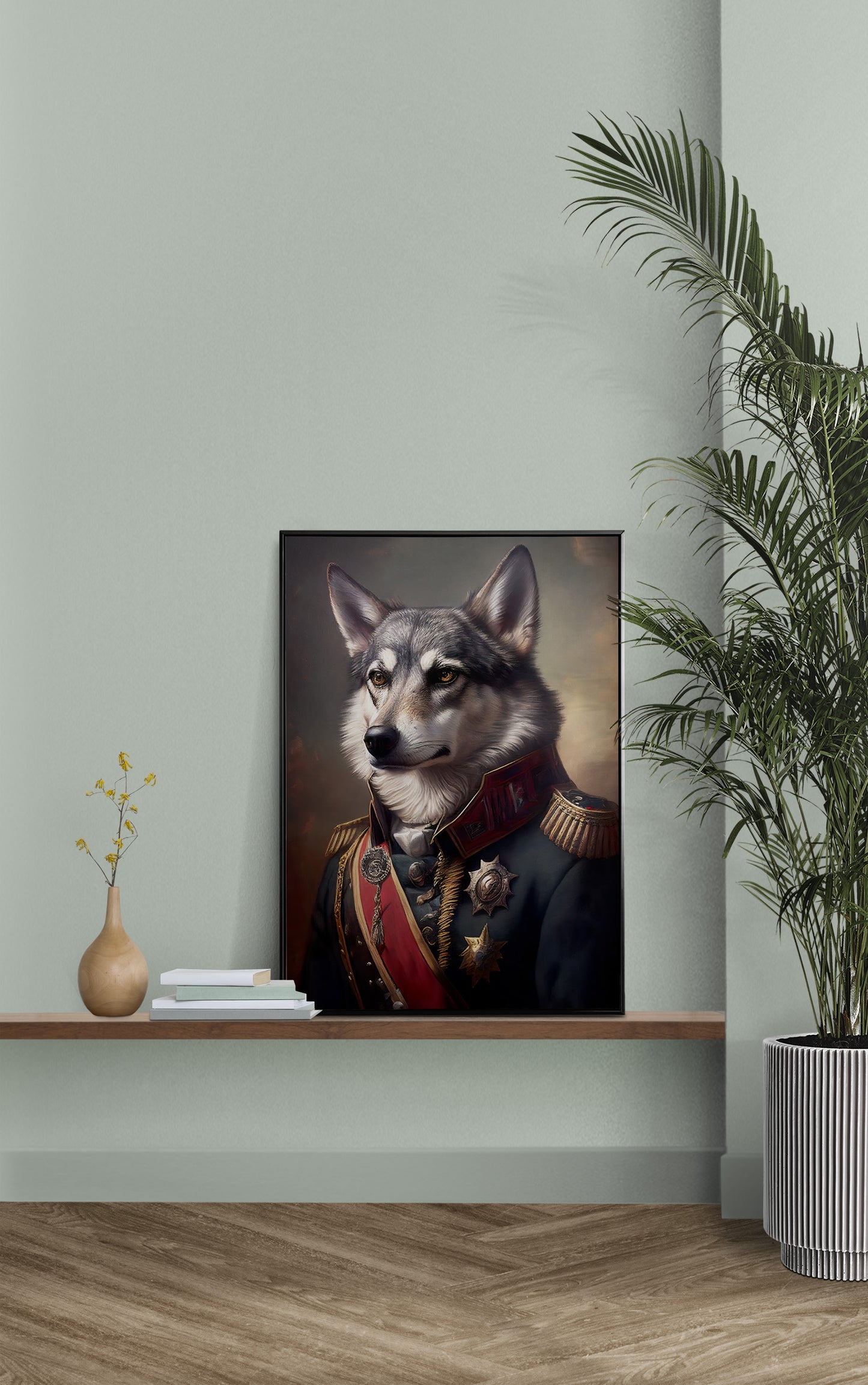 Gray Wolf in Military Uniform Poster – Unique Animal Wall Art, Premium Wolf Wall Decoration