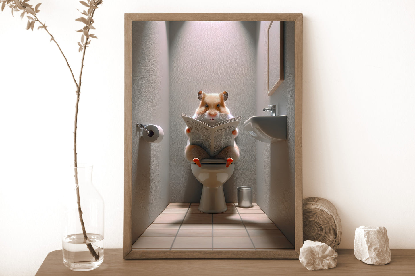 Hamster Reading Newspaper Poster - Funny Bathroom Wall Art, Unique WC Decor, Gag Gift for Toilet Room