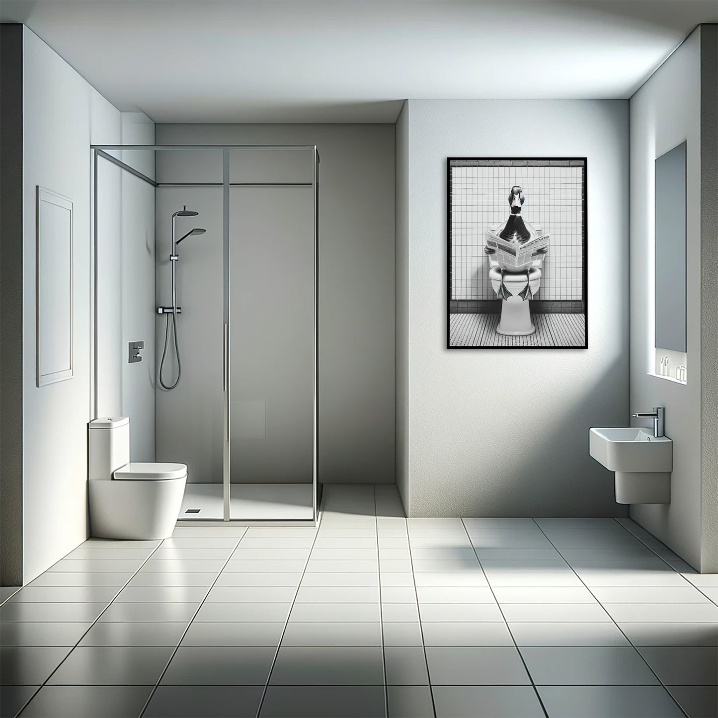 Funny Duck Poster for Bathroom - Black and White Reading Duck Wall Art - Fun WC Toilet Decor - Unique Gift Idea