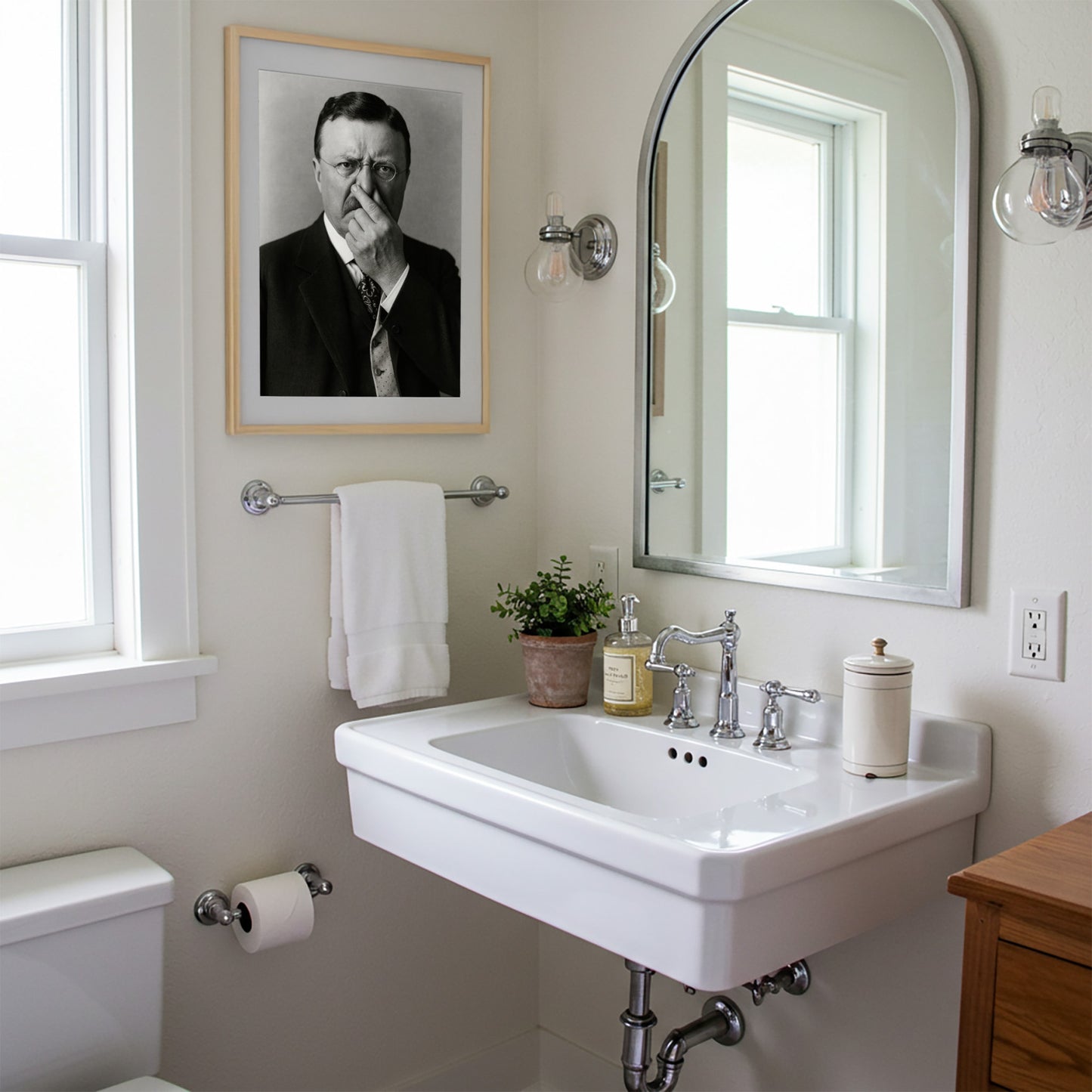 Funny Teddy Roosevelt Bathroom Poster – Humorous Toilet Wall Art, Quirky Parody Decor, Unique Framed Gift for Restroom or Home