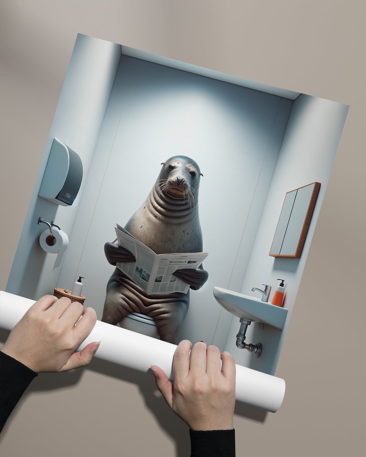 Funny Bathroom Wall Art Poster - Seal Reading Newspaper on Toilet | Unique WC Decor | Humorous Gift Idea